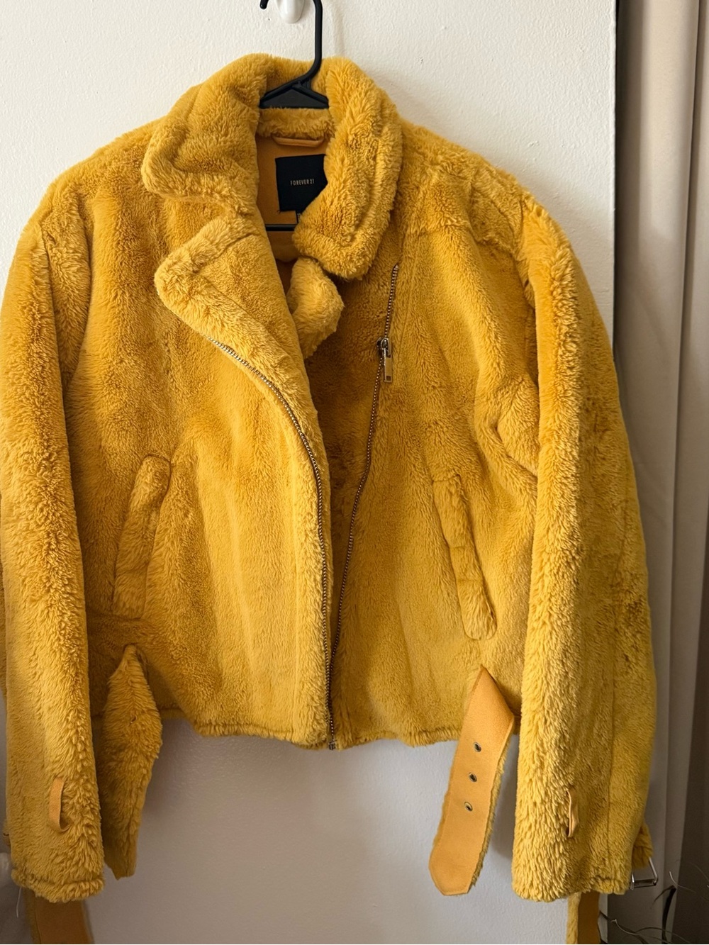 Forever 21 Plush Teddy Moto Jacket in Mustard Yellow